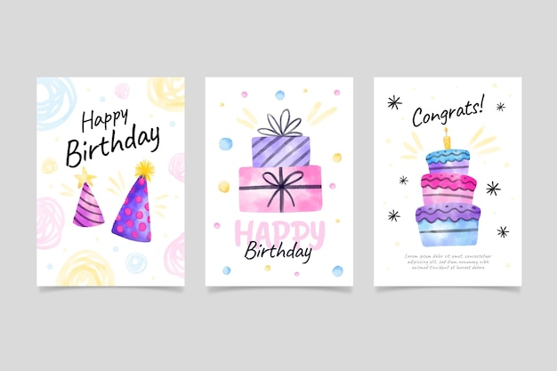 Free vector watercolor birthday greeting card collection