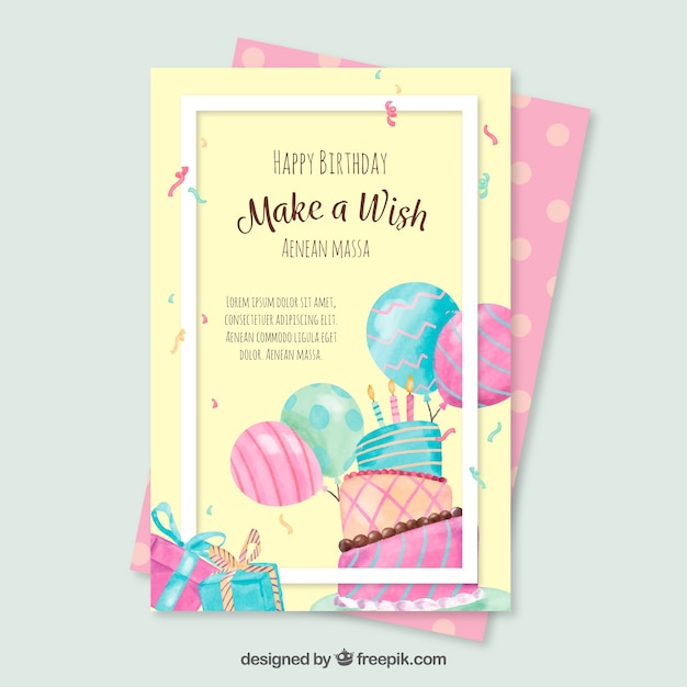 Watercolor birthday greeting with cake and balloons