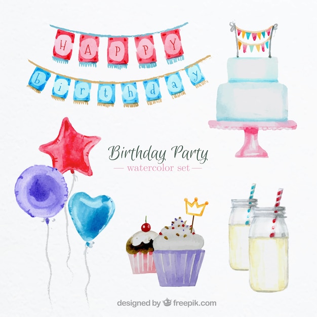 Free vector watercolor birthday party elements set