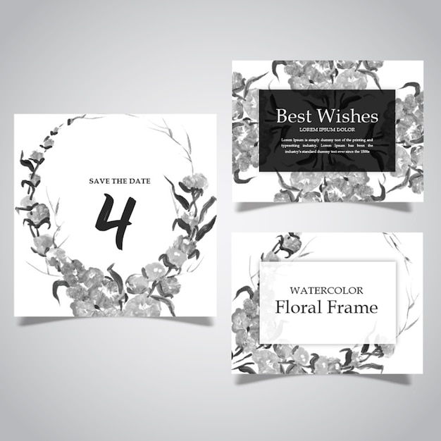 Free vector watercolor black and white floral frame and card collection