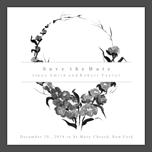 Free Vector watercolor black and white floral wedding invitation card