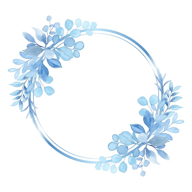 Watercolor blue light leaf wreath with circle