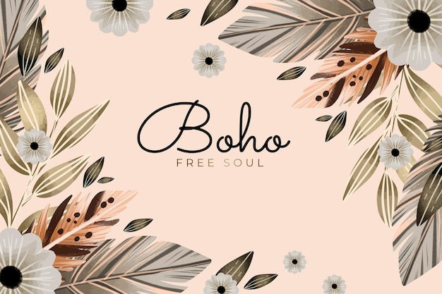 Watercolor boho background with flowers and leaves