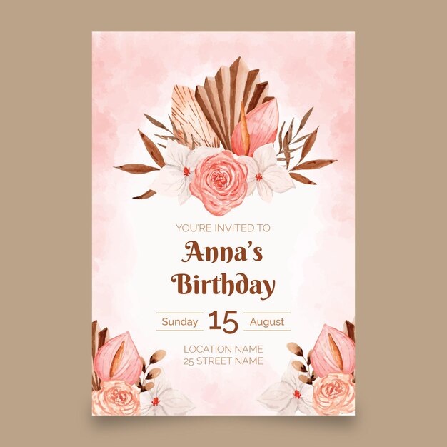 Watercolor boho birthday invitation template