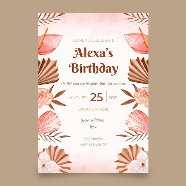 Watercolor boho birthday invitation template