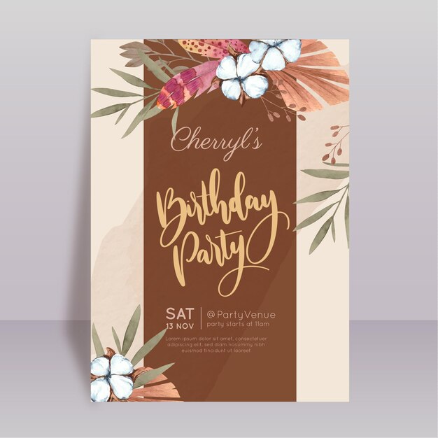 Watercolor boho birthday invitation template