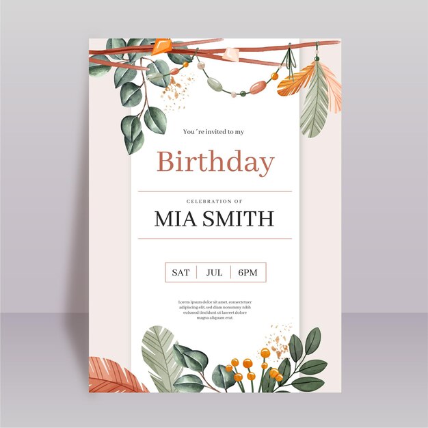 Watercolor boho birthday invitation template