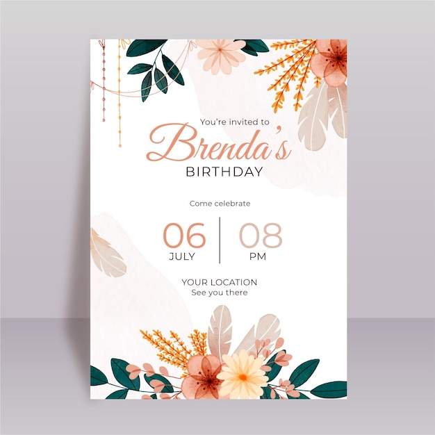 Watercolor boho birthday invitation template