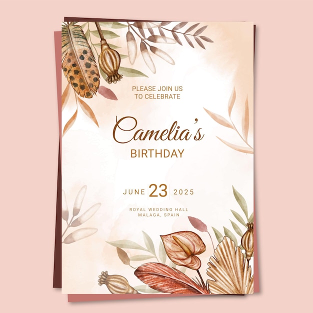 Watercolor boho birthday invitation template