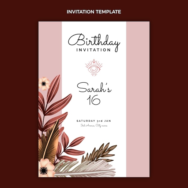 Watercolor boho birthday invitation