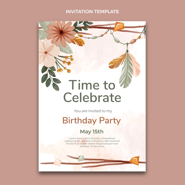 Watercolor boho birthday invitation