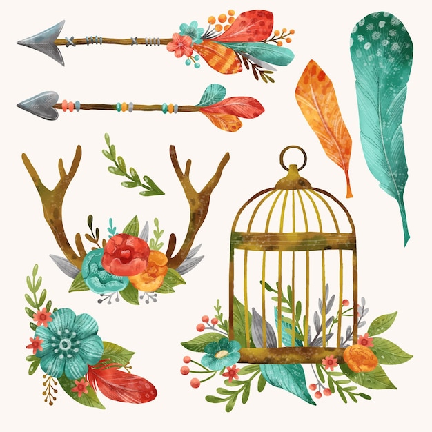 Free Vector watercolor boho elements collection