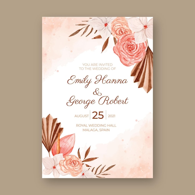 Watercolor boho wedding invitation template