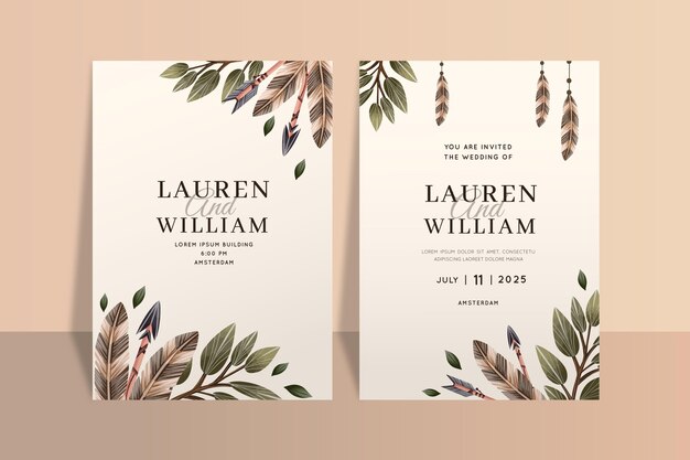 Watercolor boho wedding invitation template