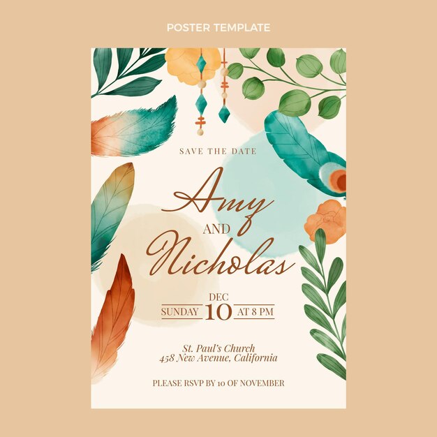 Watercolor boho wedding poster