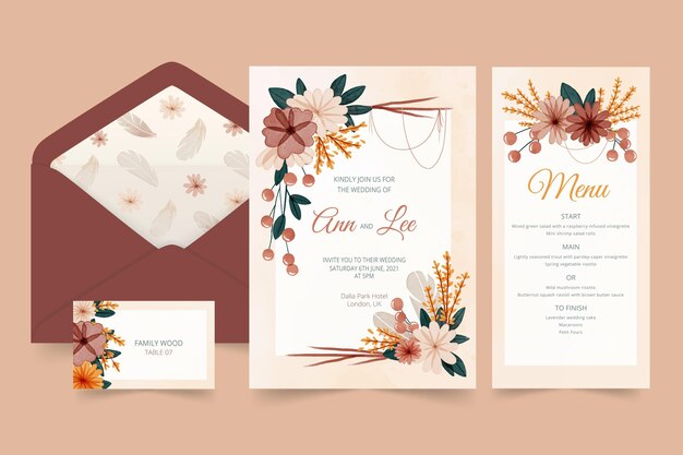 Watercolor boho wedding stationery collection