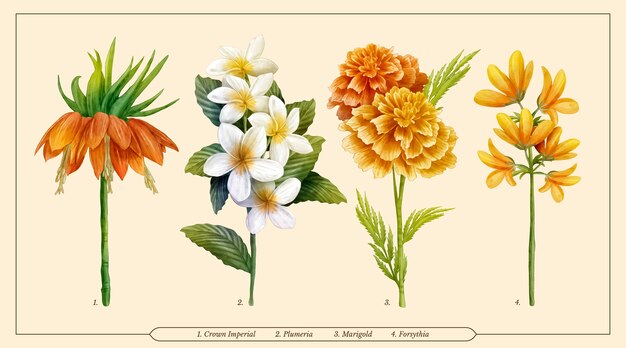 Watercolor botanical flower chart set