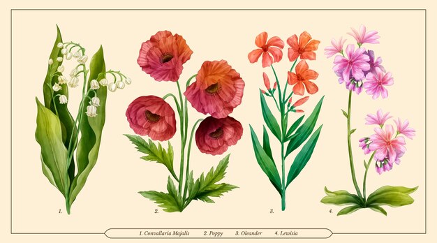 Watercolor botanical flower chart set