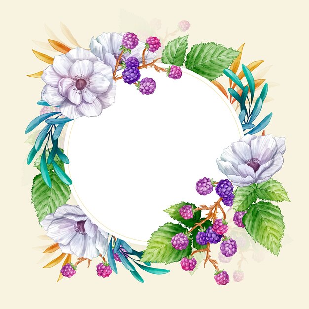 Watercolor botanical flowers circle frame