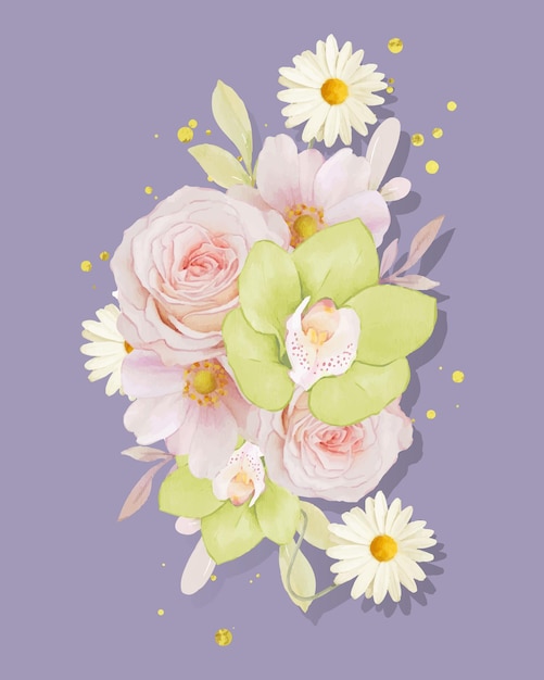 Free Vector watercolor bouquet of rose and green orchid