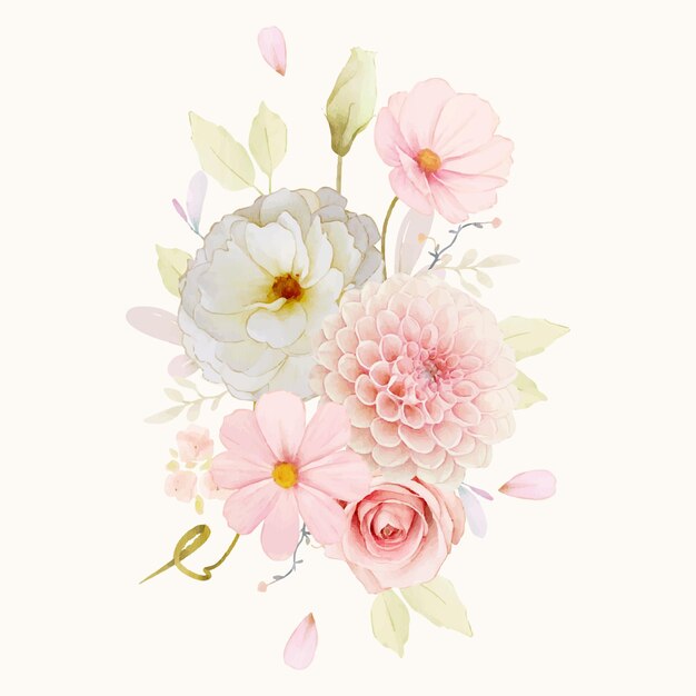 Watercolor bouquet of roses and pink dahlia