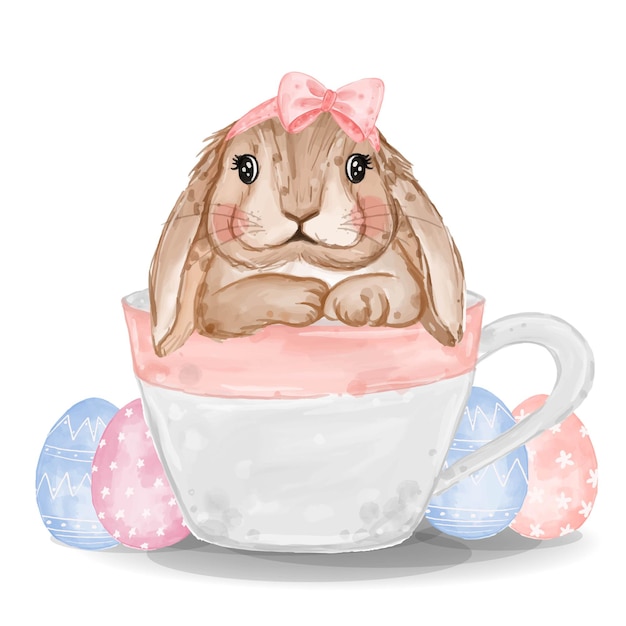 Watercolor bunny with pink and blue eggs