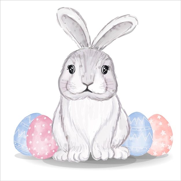 Watercolor bunny with pink and blue eggs