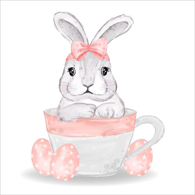 Watercolor bunny with pink eggs