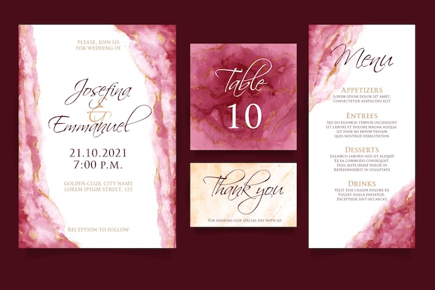 Watercolor burgundy and golden wedding stationery pack