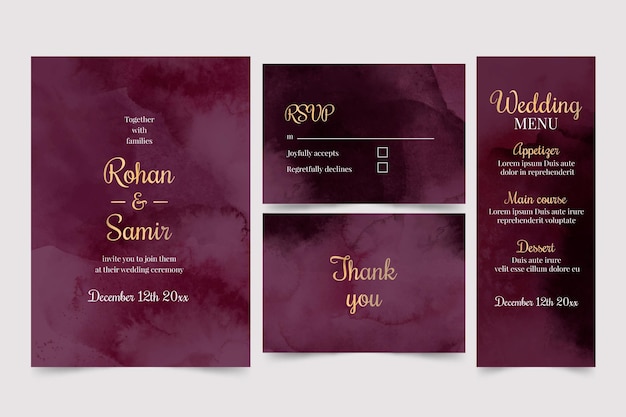 Watercolor burgundy and golden wedding stationery pack