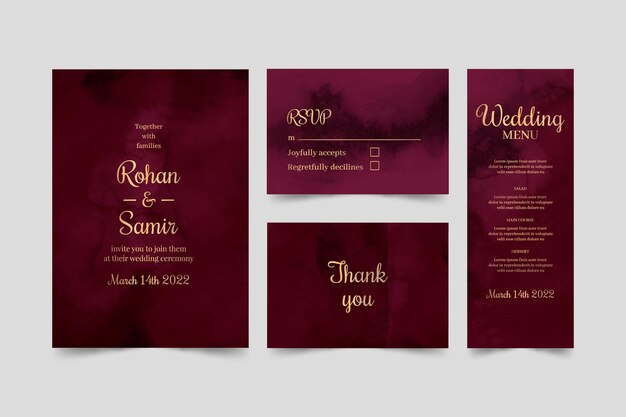 Watercolor burgundy and golden wedding stationery pack