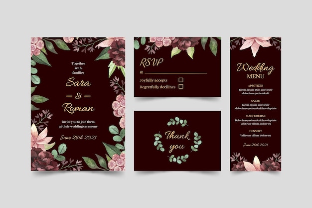 Watercolor burgundy and golden wedding stationery