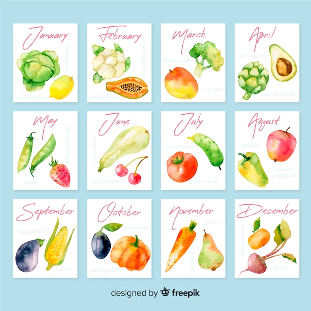 Free Vector watercolor calendar of seasonal vegetables and fruits