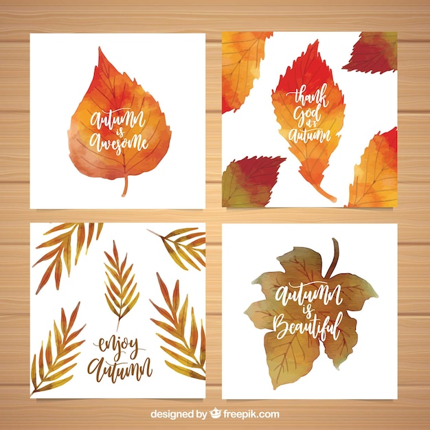 Free Vector watercolor cards collection with autumn leaves