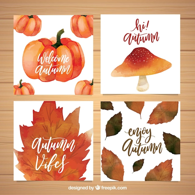 Watercolor cards with leaves, pumpkin and mushroom