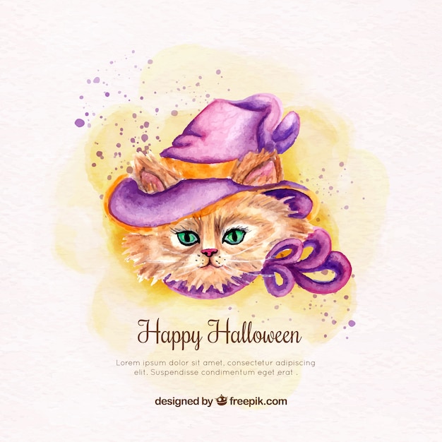 Free Vector watercolor cat background with witch hat