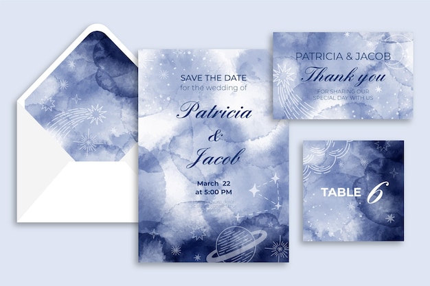 Free vector watercolor celestial wedding stationery collection