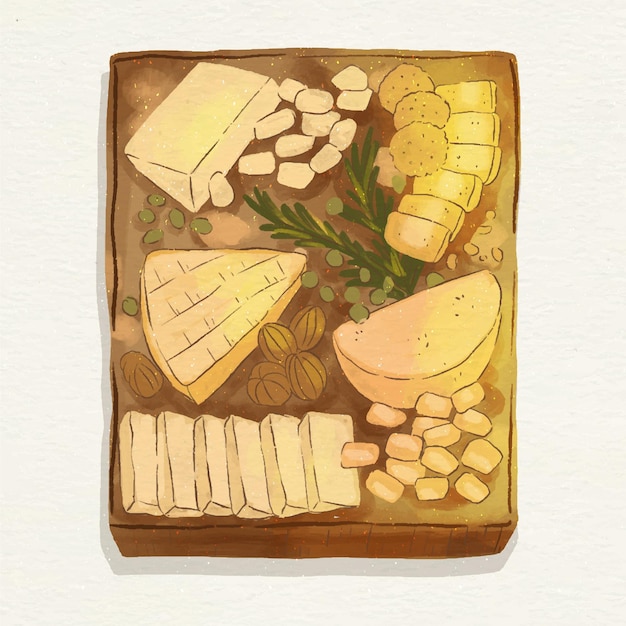 Watercolor cheeseboard illustration with accompaniments