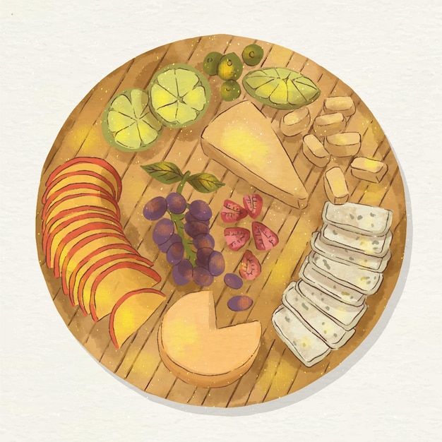 Watercolor cheeseboard illustration with accompaniments