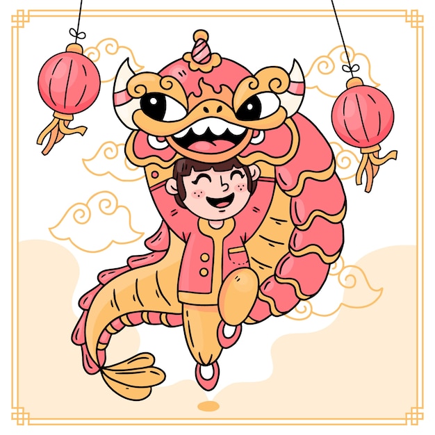 Watercolor chinese new year lion dance illustration