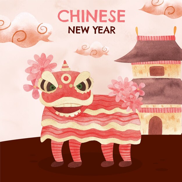 Watercolor chinese new year lion dance illustration