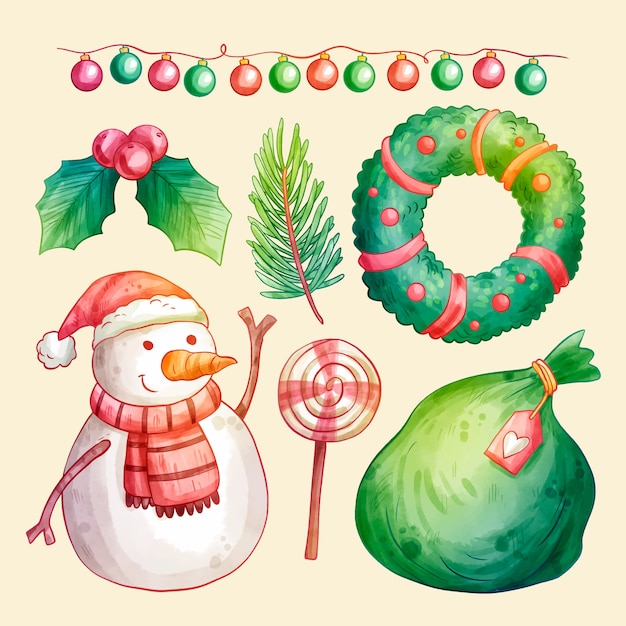 Free Vector watercolor christmas elements collection