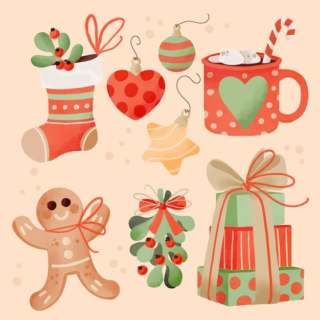 Watercolor christmas elements collection