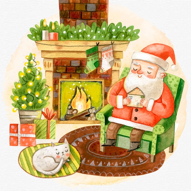 Watercolor christmas fireplace scene