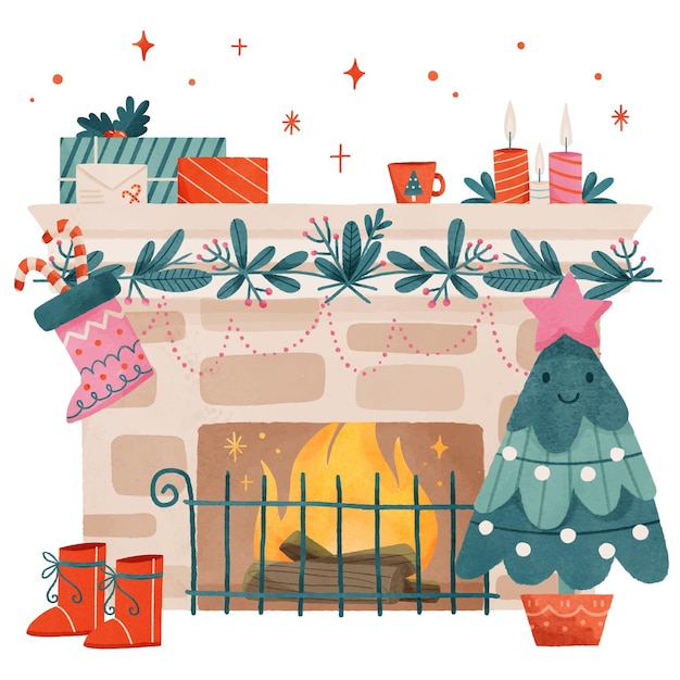 Watercolor christmas fireplace scene