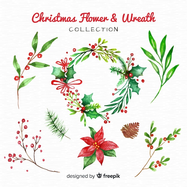 Watercolor christmas flower and wreath collection