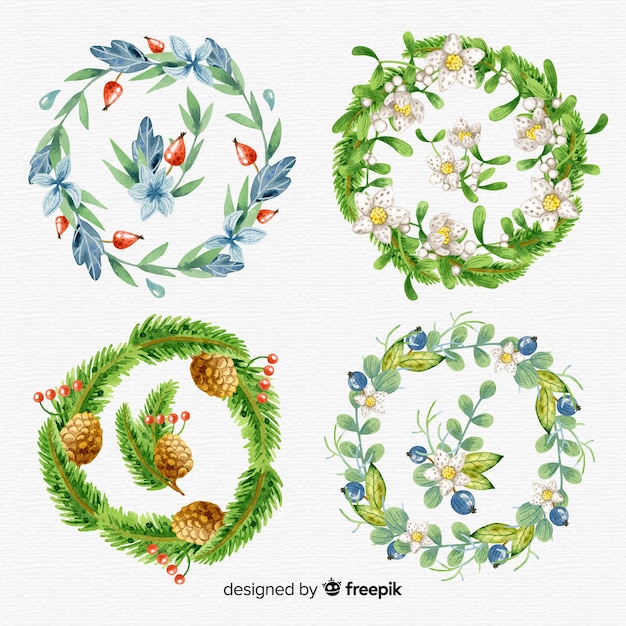 Watercolor christmas flower and wreath collection