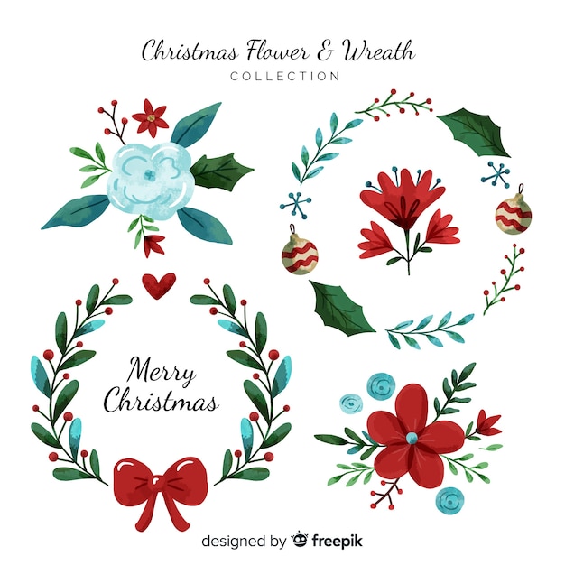 Watercolor christmas flower and wreath collection