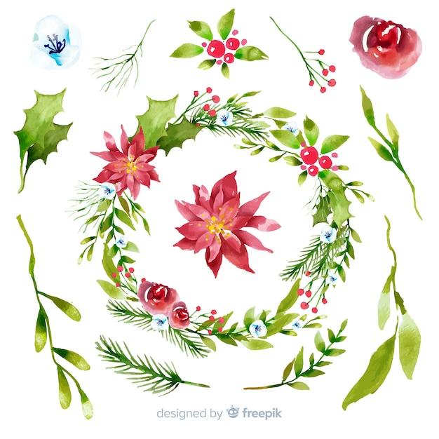 Free Vector watercolor christmas flower & wreath collection