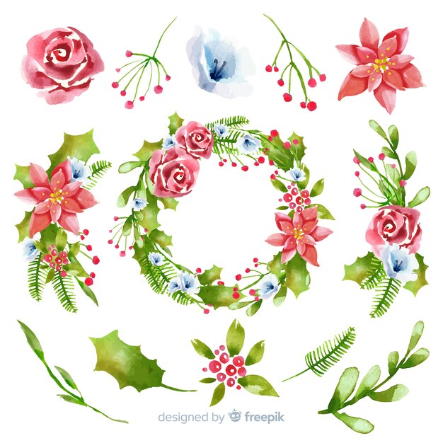 Watercolor christmas flower & wreath collection